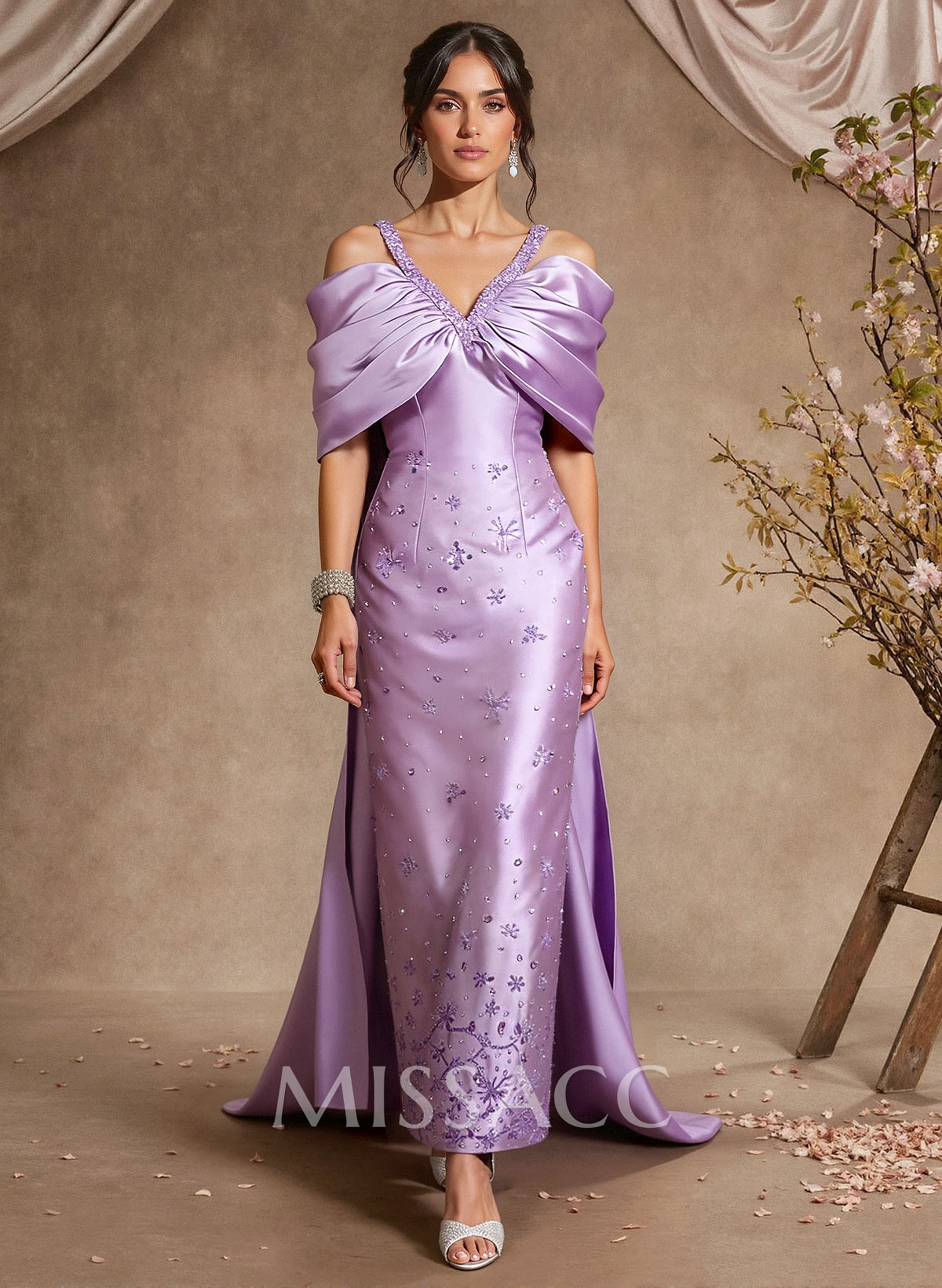 Sheath Column Off-The-Shoulder Sleeveless Sweep Train Satin Mother Of The Bride Dresses With Sequins