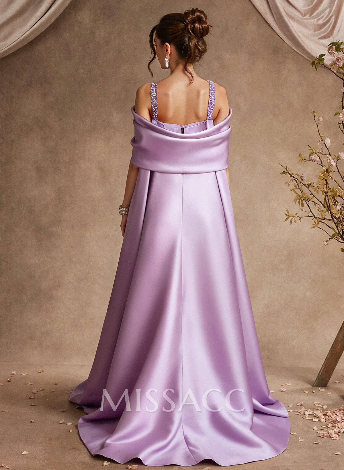Sheath Column Off-The-Shoulder Sleeveless Sweep Train Satin Mother Of The Bride Dresses With Sequins