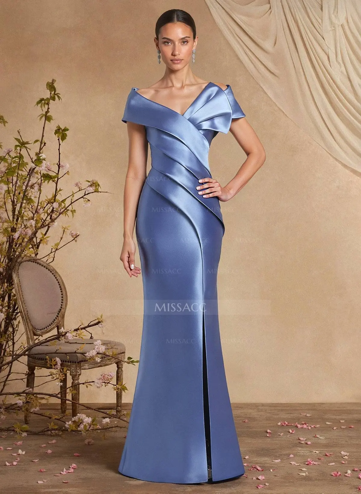 Trumpet/Mermaid Off-the-Shoulder Stretch Satin Mother of the Bride Dresses Sleeveless Floor-Length Ruffles