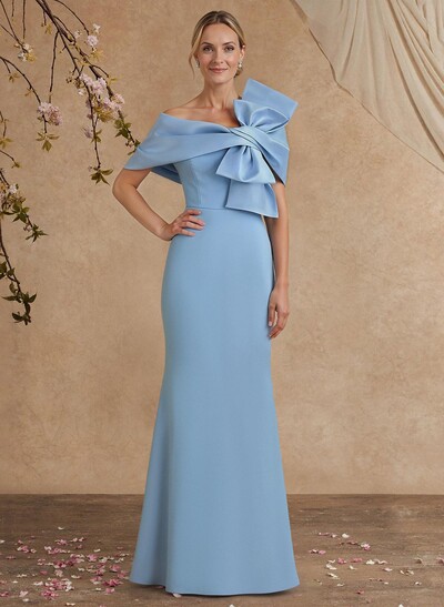 Elegant Asymmetrical Short Sleeves Elastic Satin Evening Dresses With Bow(s)