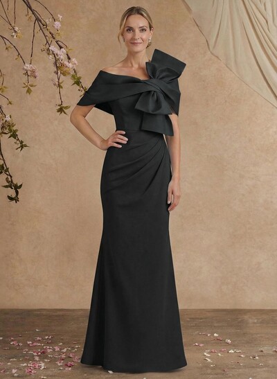 Sheath Column Asymmetrical Short Sleeves Floor-Length Elastic Satin Mother Of The Bride Dresses With Bow(s)