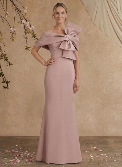 Sheath Column Asymmetrical Short Sleeves Floor-Length Elastic Satin Mother Of The Bride Dresses With Bow(s)
