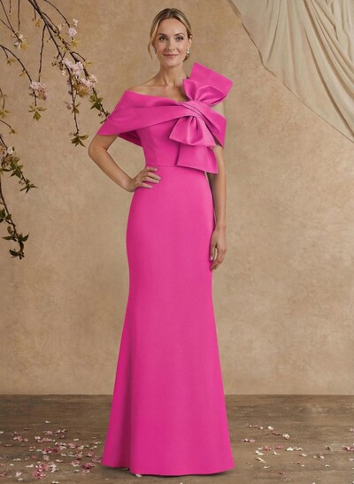 Sheath Column Asymmetrical Short Sleeves Floor-Length Elastic Satin Mother Of The Bride Dresses With Bow(s)