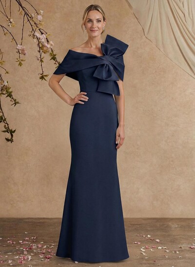 Sheath Column Asymmetrical Short Sleeves Floor-Length Elastic Satin Mother Of The Bride Dresses With Bow(s)
