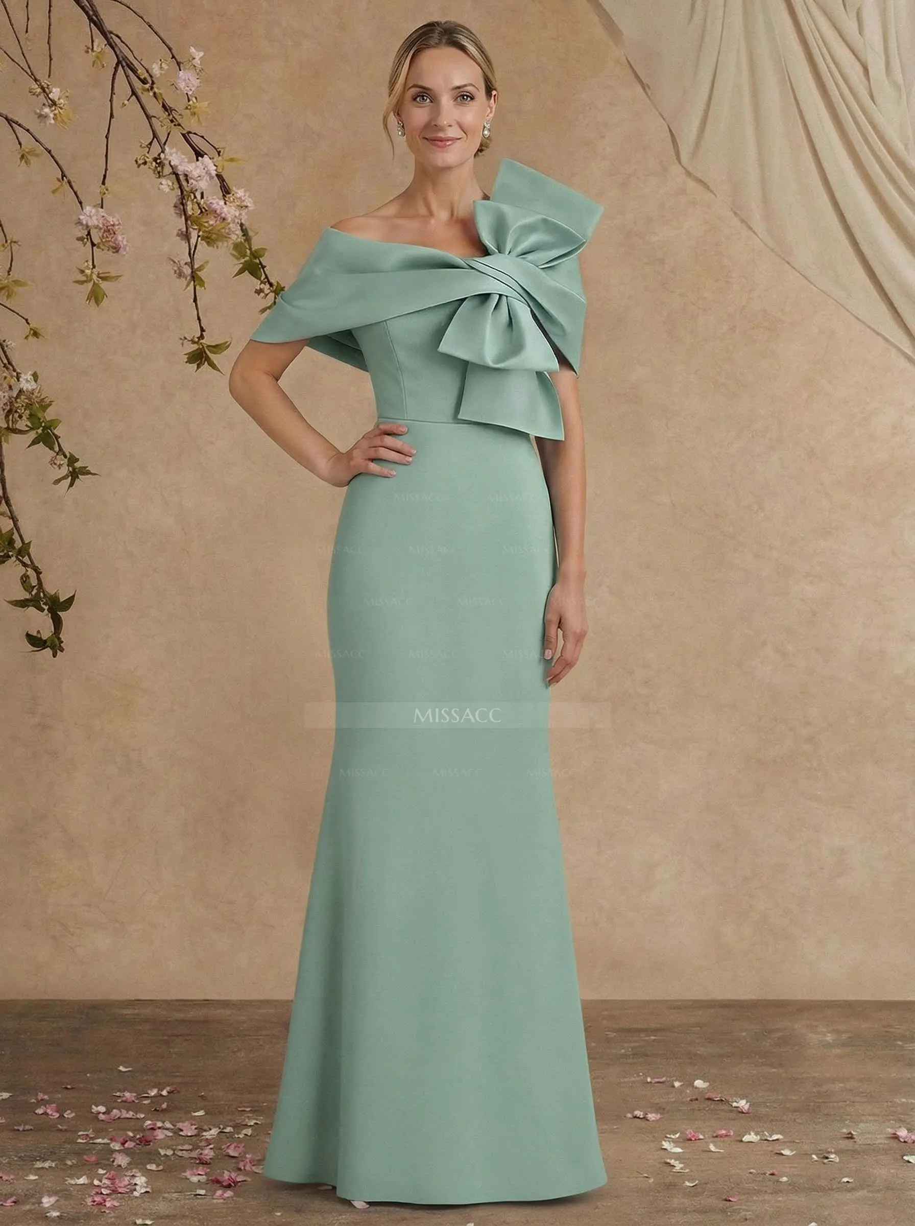 Sheath Column Asymmetrical Short Sleeves Floor-Length Elastic Satin Dress $129