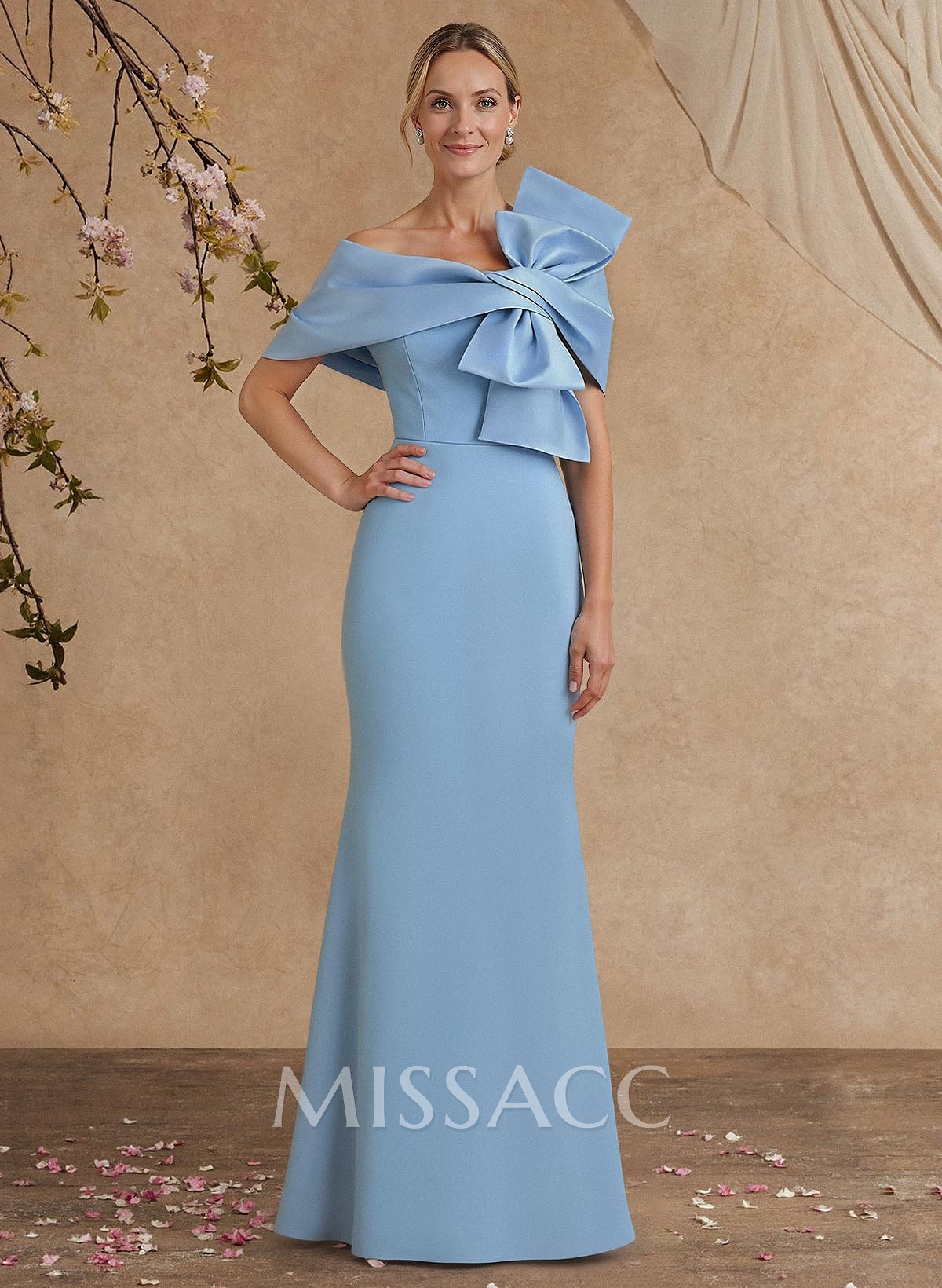 Sheath Column Asymmetrical Short Sleeves Floor-Length Elastic Satin Mother Of The Bride Dresses With Bow(s) Sheath Column Asymmetrical Short Sleeves Floor-Length Elastic Satin Mother Of The Bride Dresses With Bow(s)