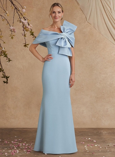 Sheath Column Asymmetrical Short Sleeves Floor-Length Elastic Satin Mother Of The Bride Dresses With Bow(s)