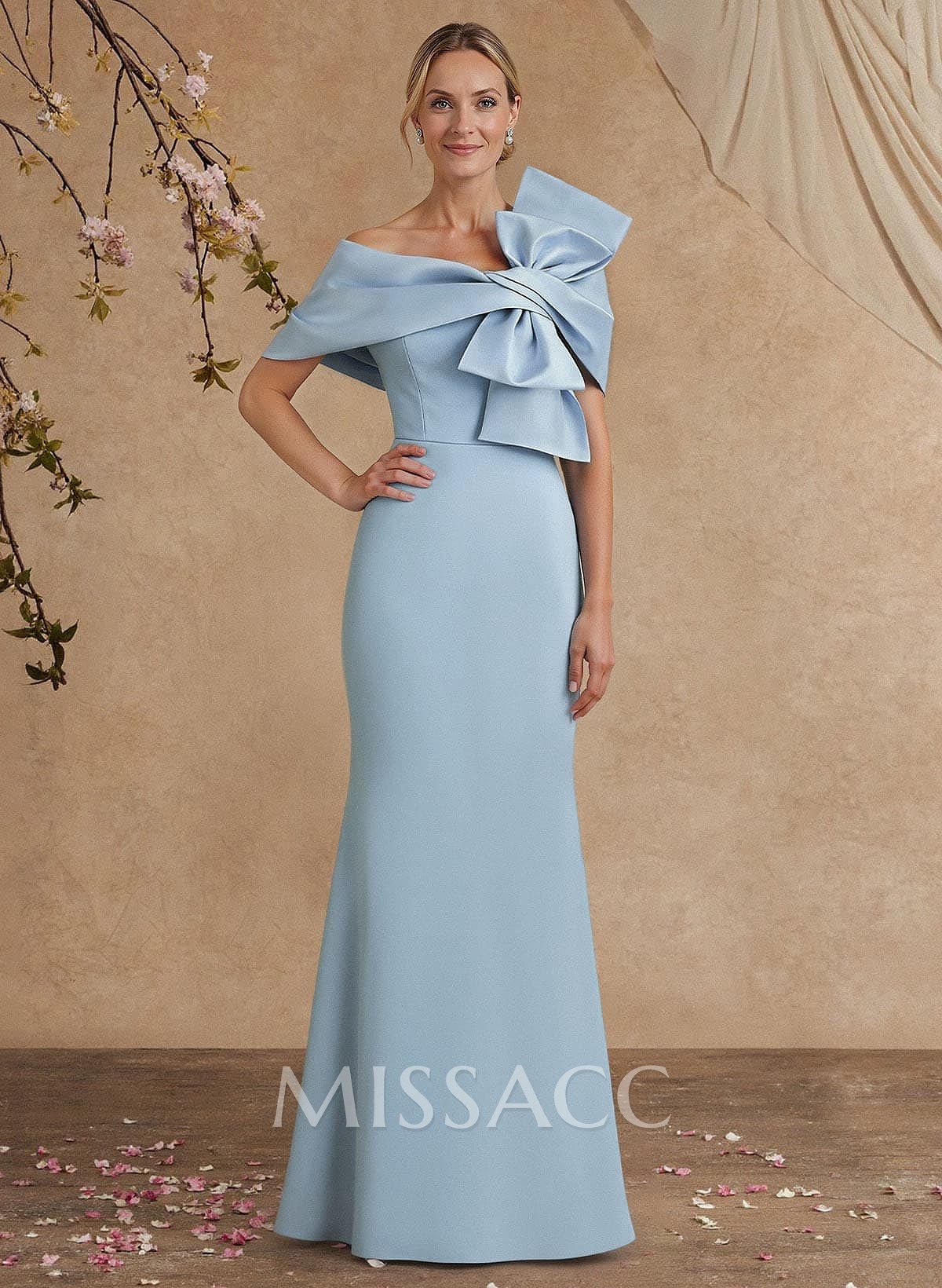 Sheath Column Asymmetrical Short Sleeves Floor-Length Elastic Satin Mother Of The Bride Dresses With Bow(s)