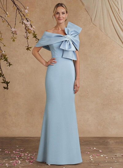 Sheath Column Asymmetrical Short Sleeves Floor-Length Elastic Satin Mother Of The Bride Dresses With Bow(s)