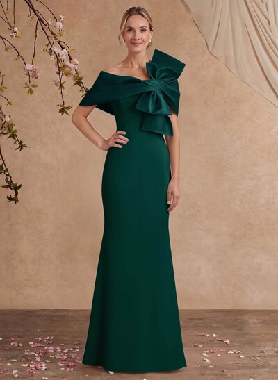 Sheath Column Asymmetrical Short Sleeves Floor-Length Elastic Satin Mother Of The Bride Dresses With Bow(s)
