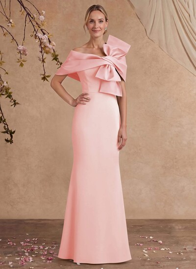 Sheath Column Asymmetrical Short Sleeves Floor-Length Elastic Satin Mother Of The Bride Dresses With Bow(s)
