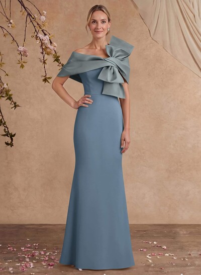 Sheath Column Asymmetrical Short Sleeves Floor-Length Elastic Satin Mother Of The Bride Dresses With Bow(s)
