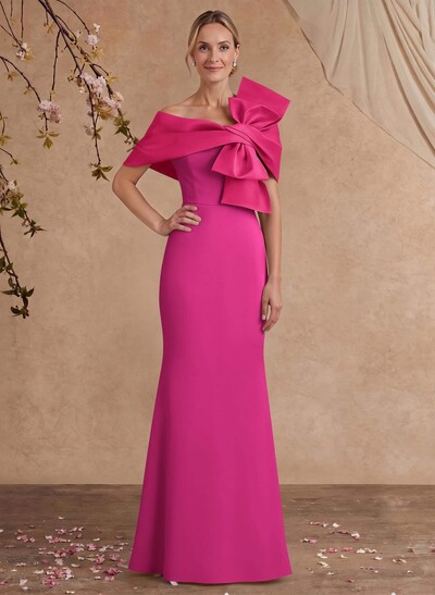 Sheath Column Asymmetrical Short Sleeves Floor-Length Elastic Satin Mother Of The Bride Dresses With Bow(s)