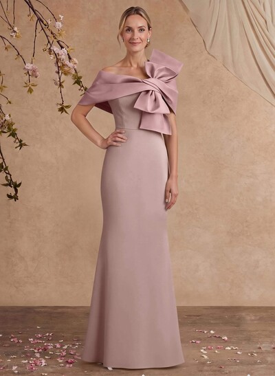 Sheath Column Asymmetrical Short Sleeves Floor-Length Elastic Satin Mother Of The Bride Dresses With Bow(s)