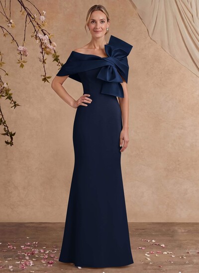 Sheath Column Asymmetrical Short Sleeves Floor-Length Elastic Satin Mother Of The Bride Dresses With Bow(s)