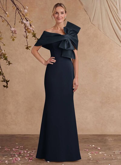 Sheath Column Asymmetrical Short Sleeves Floor-Length Elastic Satin Mother Of The Bride Dresses With Bow(s)
