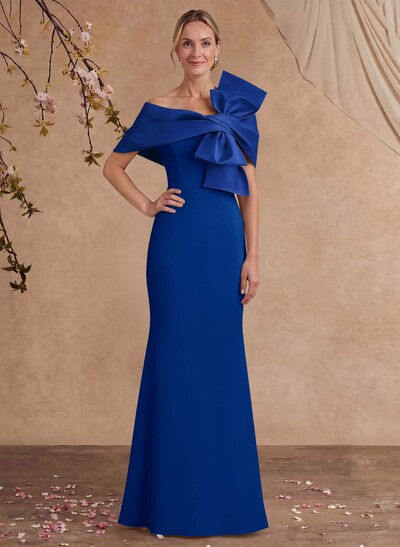 Sheath Column Asymmetrical Short Sleeves Floor-Length Elastic Satin Mother Of The Bride Dresses With Bow(s)