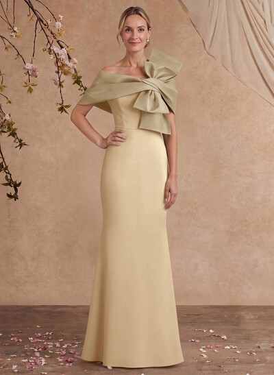 Sheath Column Asymmetrical Short Sleeves Floor-Length Elastic Satin Mother Of The Bride Dresses With Bow(s)
