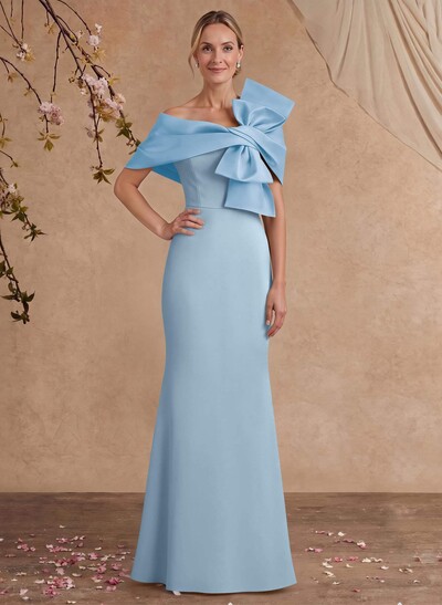 Sheath Column Asymmetrical Short Sleeves Floor-Length Elastic Satin Mother Of The Bride Dresses With Bow(s)