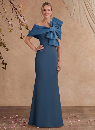 Sheath Column Asymmetrical Short Sleeves Floor-Length Elastic Satin Mother Of The Bride Dresses With Bow(s)