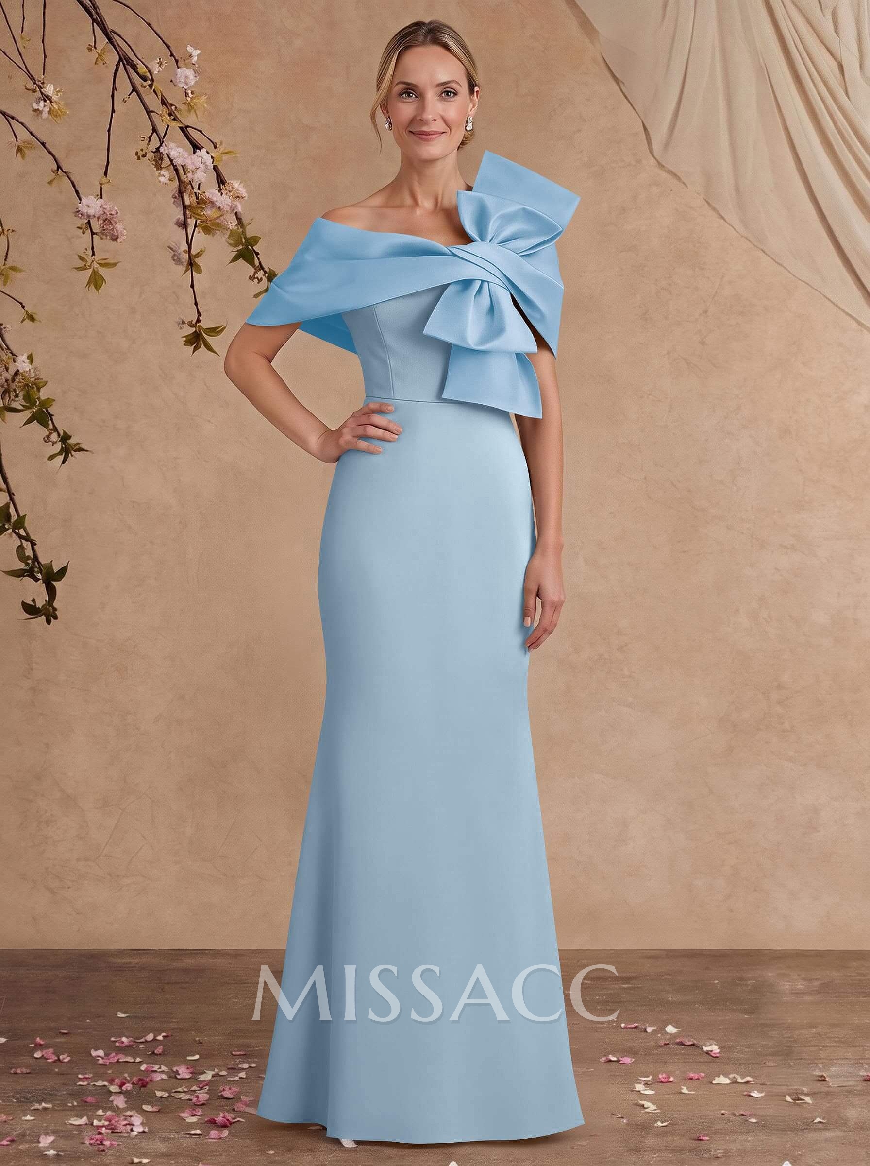 Sheath Column Asymmetrical Short Sleeves Floor-Length Elastic Satin Mother Of The Bride Dresses With Bow(s) Sheath Column Asymmetrical Short Sleeves Floor-Length Elastic Satin Mother Of The Bride Dresses With Bow(s)