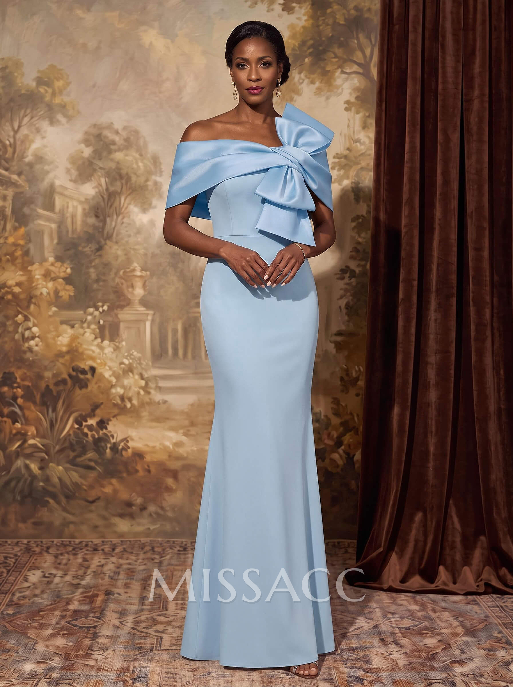 Sheath Column Asymmetrical Short Sleeves Floor-Length Elastic Satin Mother Of The Bride Dresses With Bow(s)