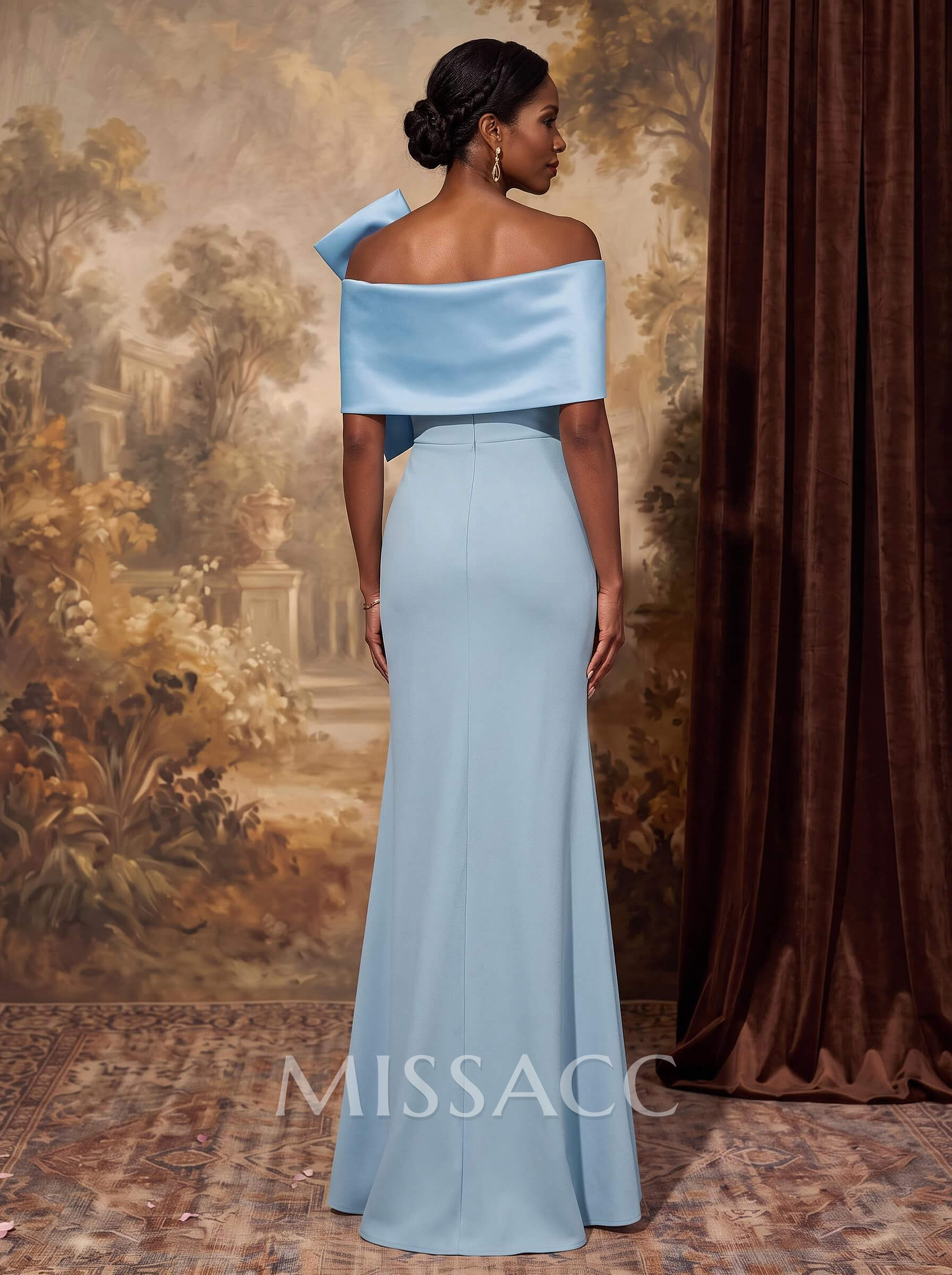 Sheath Column Asymmetrical Short Sleeves Floor-Length Elastic Satin Mother Of The Bride Dresses With Bow(s)