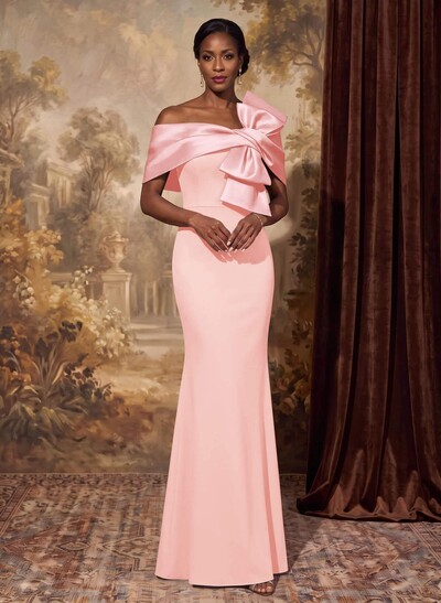 Sheath Column Asymmetrical Short Sleeves Floor-Length Elastic Satin Mother Of The Bride Dresses With Bow(s)