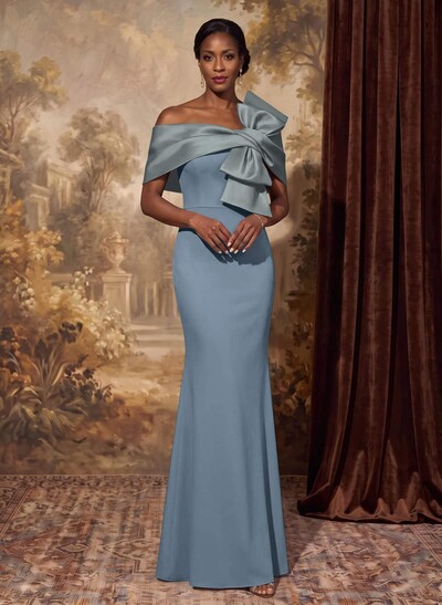 Sheath Column Asymmetrical Short Sleeves Floor-Length Elastic Satin Mother Of The Bride Dresses With Bow(s)