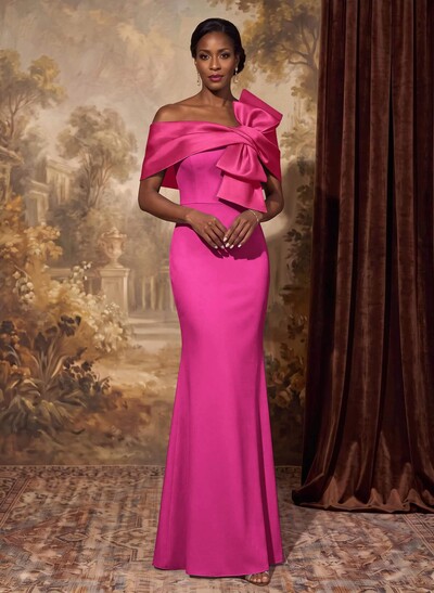 Sheath Column Asymmetrical Short Sleeves Floor-Length Elastic Satin Mother Of The Bride Dresses With Bow(s)