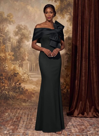 Sheath Column Asymmetrical Short Sleeves Floor-Length Elastic Satin Mother Of The Bride Dresses With Bow(s)