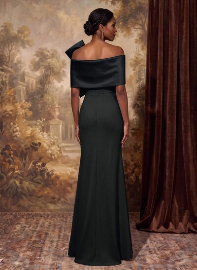 Sheath Column Asymmetrical Short Sleeves Floor-Length Elastic Satin Mother Of The Bride Dresses With Bow(s)