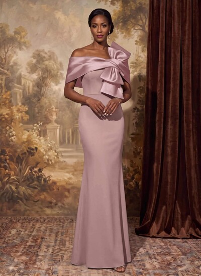 Sheath Column Asymmetrical Short Sleeves Floor-Length Elastic Satin Mother Of The Bride Dresses With Bow(s)