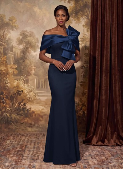 Sheath Column Asymmetrical Short Sleeves Floor-Length Elastic Satin Mother Of The Bride Dresses With Bow(s)