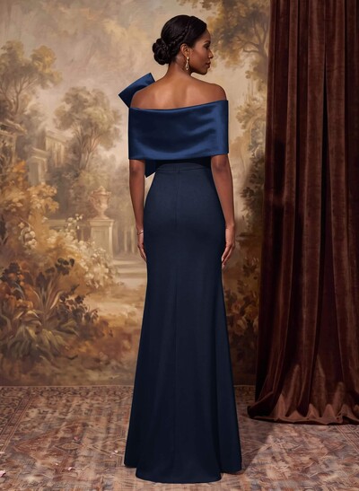 Sheath Column Asymmetrical Short Sleeves Floor-Length Elastic Satin Mother Of The Bride Dresses With Bow(s)