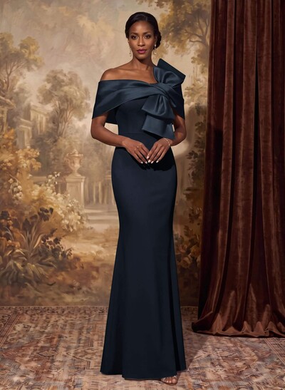 Sheath Column Asymmetrical Short Sleeves Floor-Length Elastic Satin Mother Of The Bride Dresses With Bow(s)