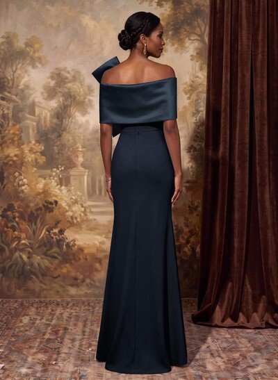 Sheath Column Asymmetrical Short Sleeves Floor-Length Elastic Satin Mother Of The Bride Dresses With Bow(s)