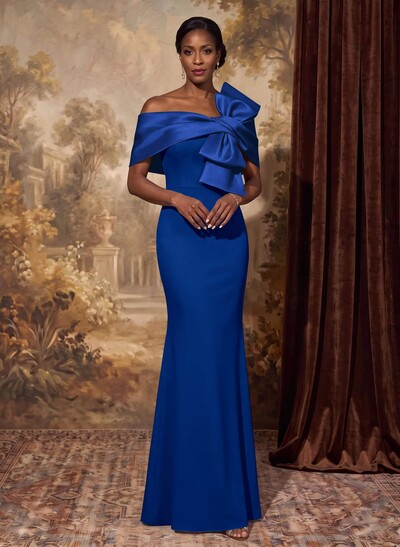 Sheath Column Asymmetrical Short Sleeves Floor-Length Elastic Satin Mother Of The Bride Dresses With Bow(s)