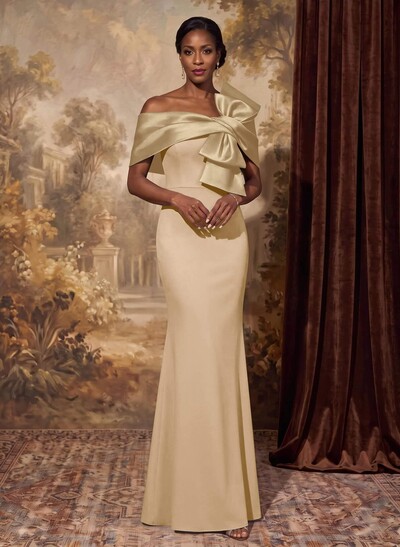 Sheath Column Asymmetrical Short Sleeves Floor-Length Elastic Satin Mother Of The Bride Dresses With Bow(s)