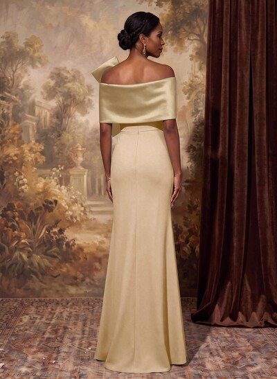 Sheath Column Asymmetrical Short Sleeves Floor-Length Elastic Satin Mother Of The Bride Dresses With Bow(s)