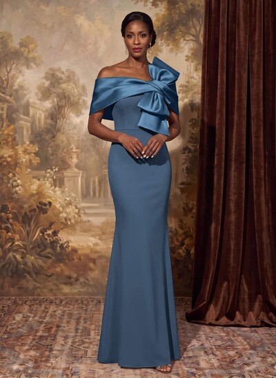 Sheath Column Asymmetrical Short Sleeves Floor-Length Elastic Satin Mother Of The Bride Dresses With Bow(s)