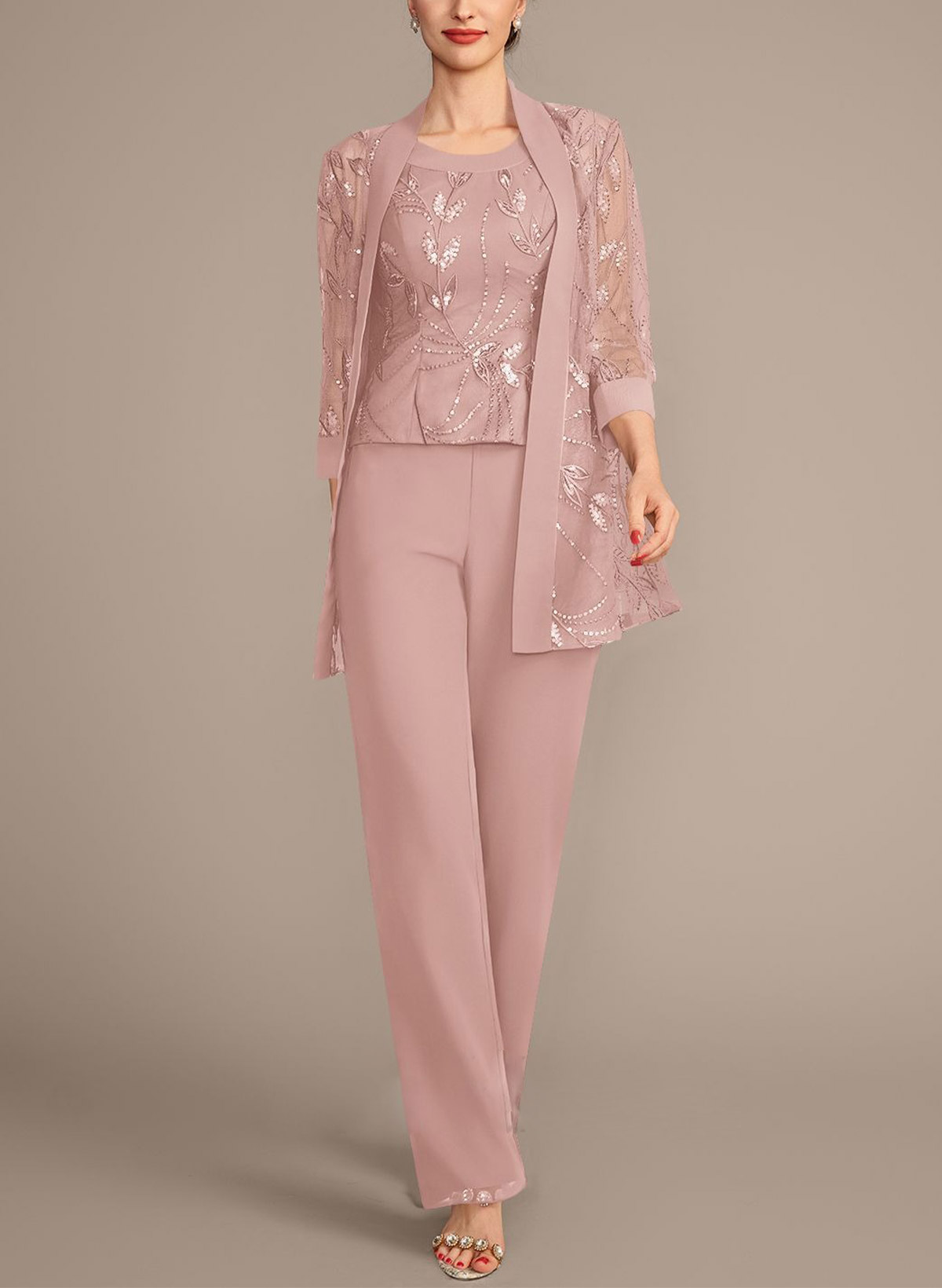 Jumpsuit/Pantsuit Scoop Neck 3/4 Sleeves Ankle-Length Chiffon Mother Of The Bride Dresses With Lace