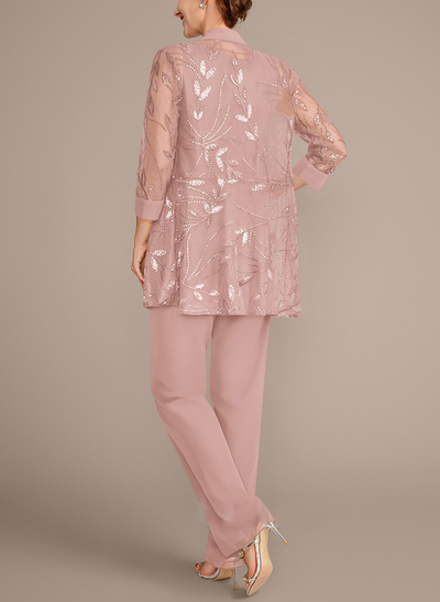 Jumpsuit/Pantsuit Scoop Neck 3/4 Sleeves Ankle-Length Chiffon Mother Of The Bride Dresses With Lace