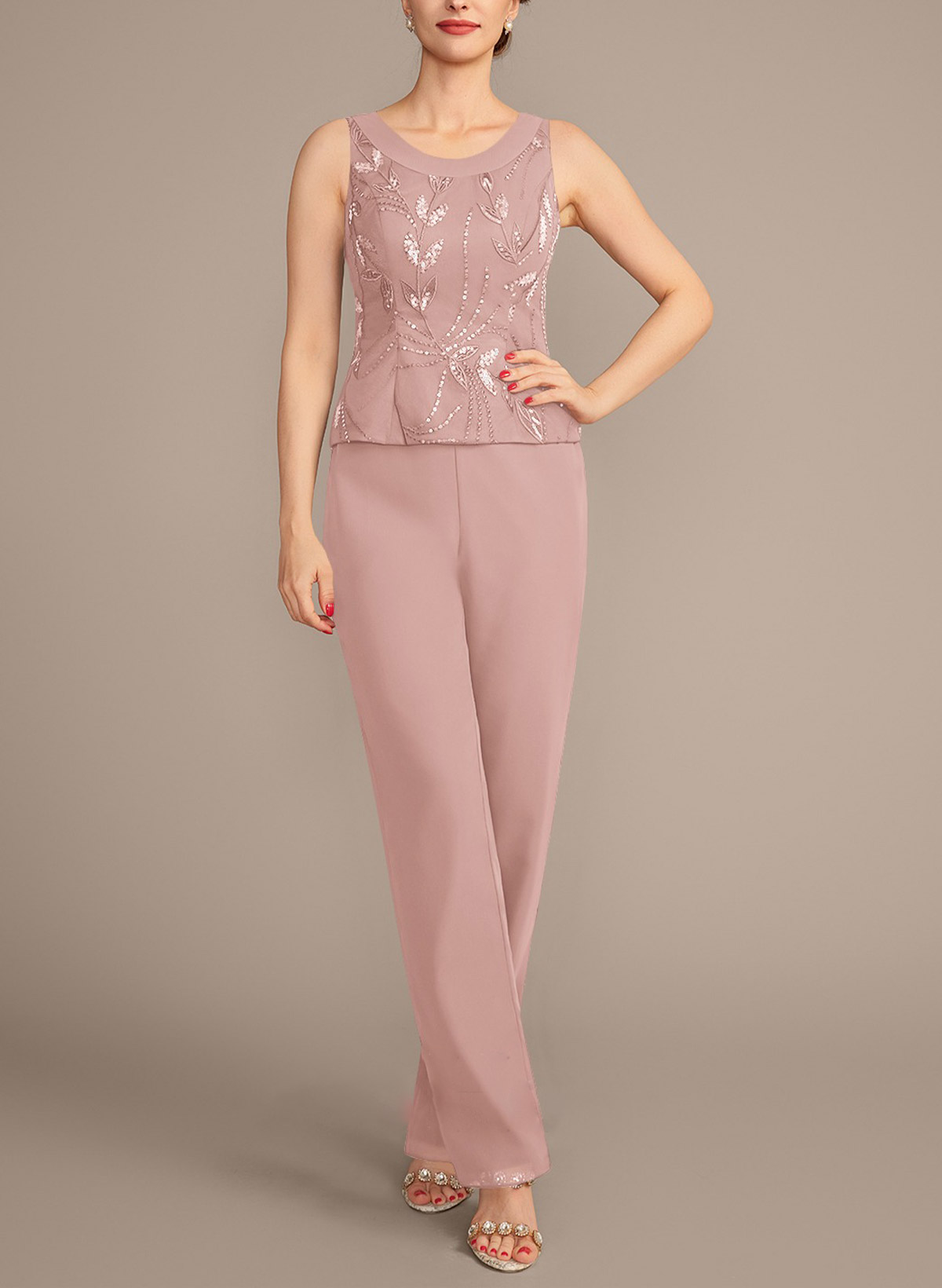 Jumpsuit/Pantsuit Scoop Neck 3/4 Sleeves Ankle-Length Chiffon Mother Of The Bride Dresses With Lace