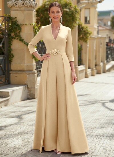 Jumpsuit Pantsuit V-Neck 3/4 Sleeves Floor-Length Elastic Satin Mother Of The Bride Dresses With Flower