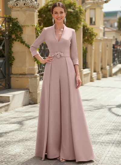 Jumpsuit Pantsuit V-Neck 3/4 Sleeves Floor-Length Elastic Satin Mother Of The Bride Dresses With Flower