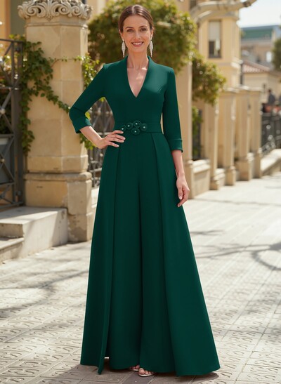 Jumpsuit Pantsuit V-Neck 3/4 Sleeves Floor-Length Elastic Satin Mother Of The Bride Dresses With Flower