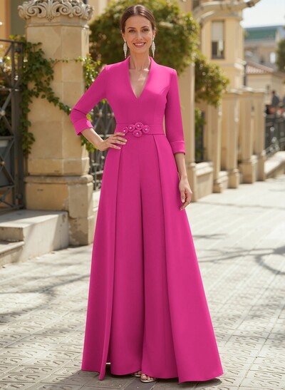 Jumpsuit Pantsuit V-Neck 3/4 Sleeves Floor-Length Elastic Satin Mother Of The Bride Dresses With Flower
