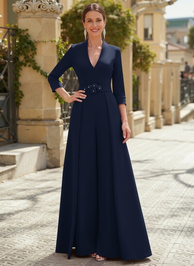 Jumpsuit Pantsuit V-Neck 3/4 Sleeves Floor-Length Elastic Satin Mother Of The Bride Dresses With Flower