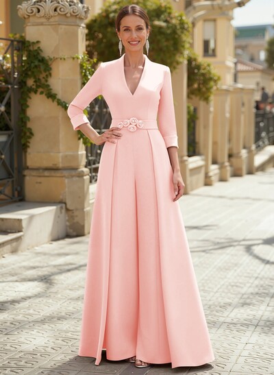 Jumpsuit Pantsuit V-Neck 3/4 Sleeves Floor-Length Elastic Satin Mother Of The Bride Dresses With Flower
